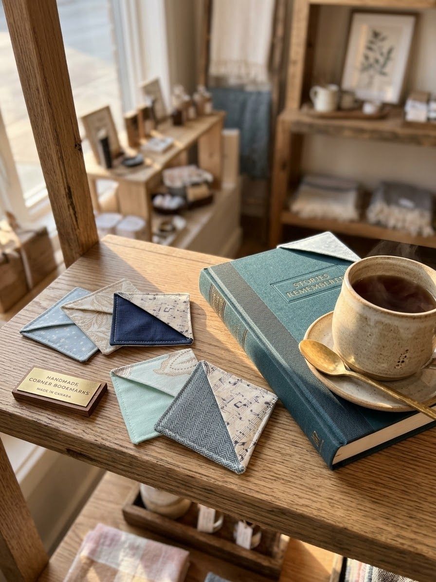 Fabric corner bookmarks on a wooden shelf beside a book and a cup of tea