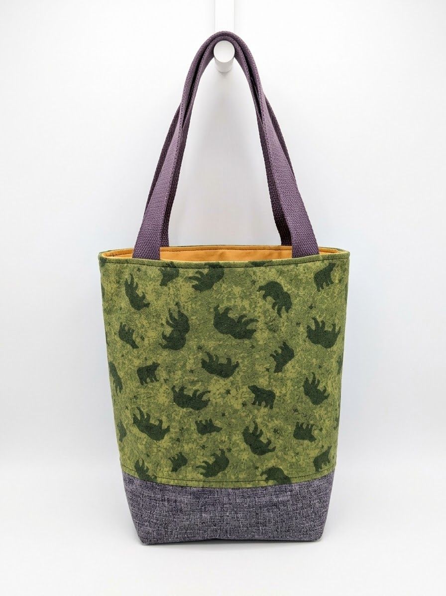 Small tote in green bear-print cotton with a heathered purple base